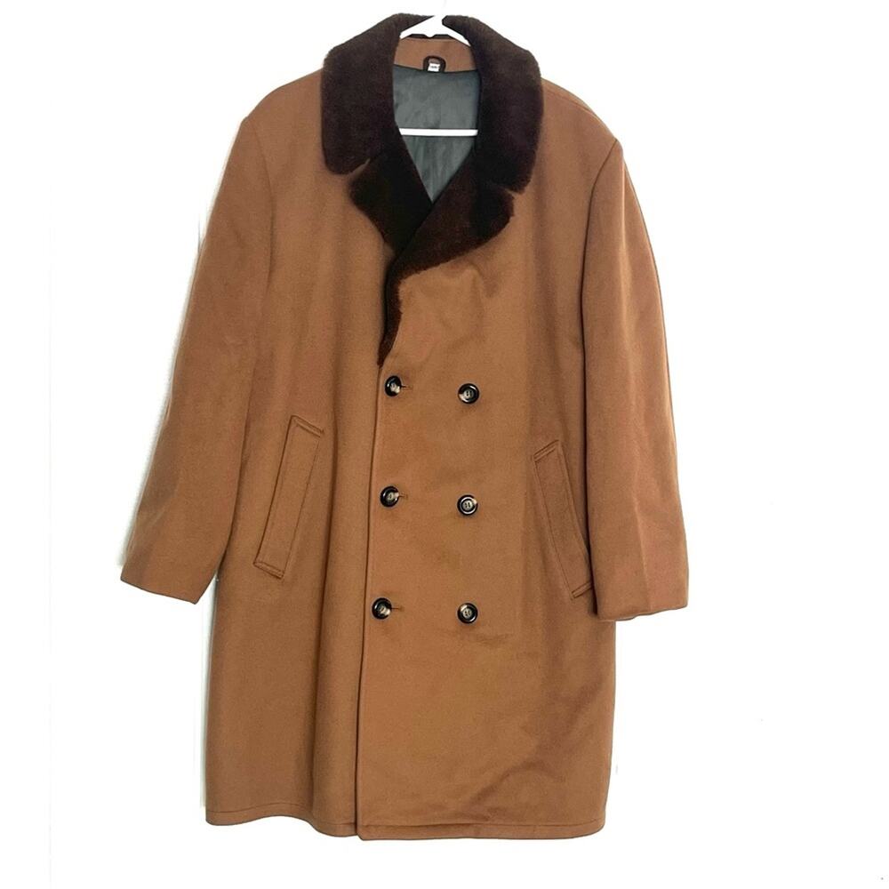 Vintage Caramel Tan Double Breasted Fur Collar Pea Coat Alpaca Fur Lined 2X
